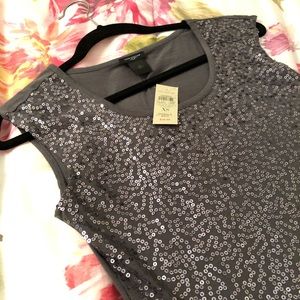 Ann Taylor Silver Sequin Short Sleeve Shirt